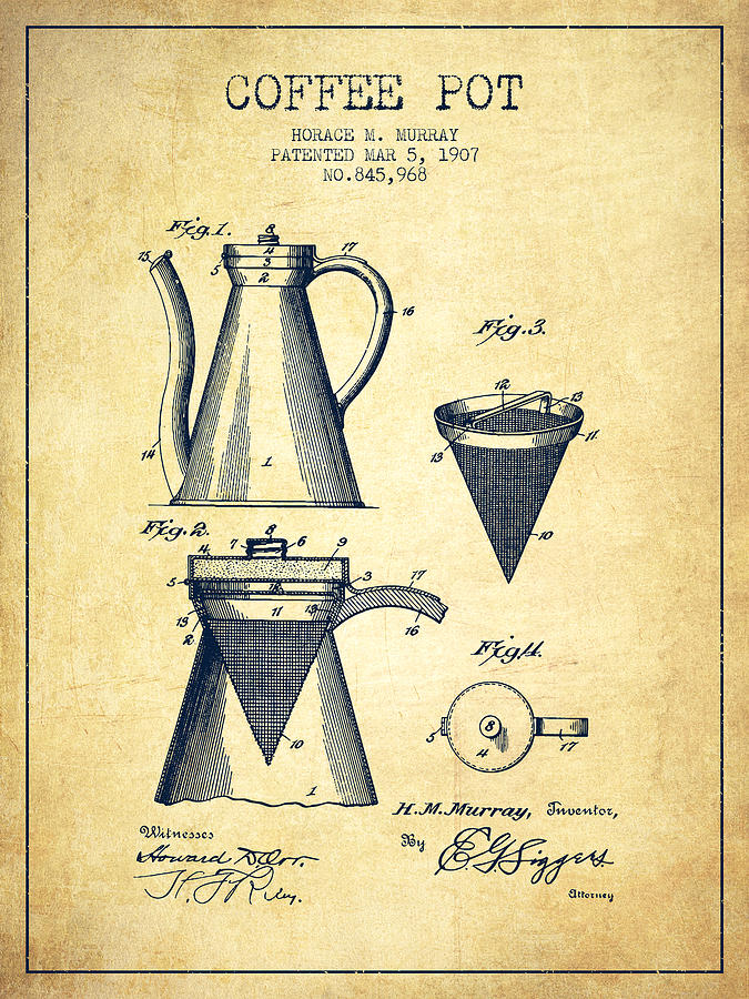 Coffee Digital Art - 1907 Coffee Pot patent - vintage by Aged Pixel