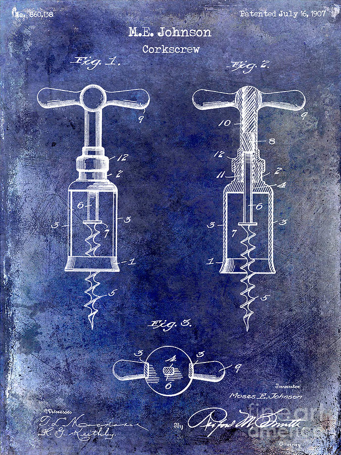 Wine Photograph - 1907 Corkscrew Patent Blue by Jon Neidert
