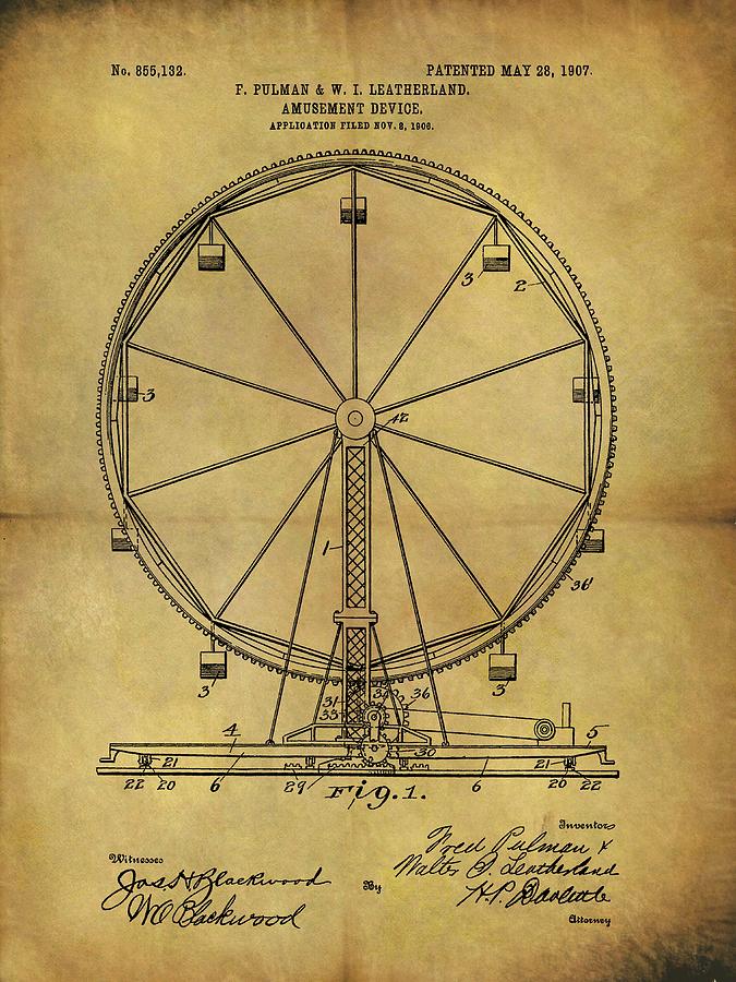 1907 Ferris Wheel Patent Drawing by Dan Sproul