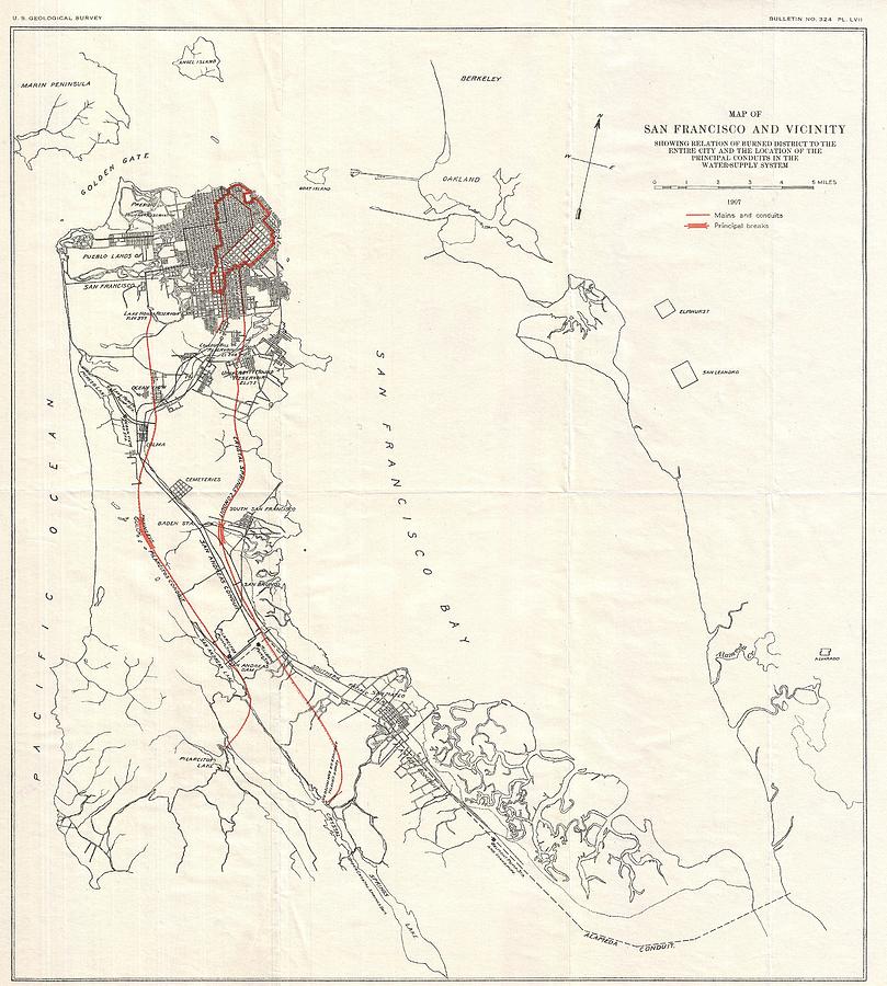 1907 Geological Survey Map of San Francisco Peninsula after 1906 Earthquake  Photograph by Paul Fearn