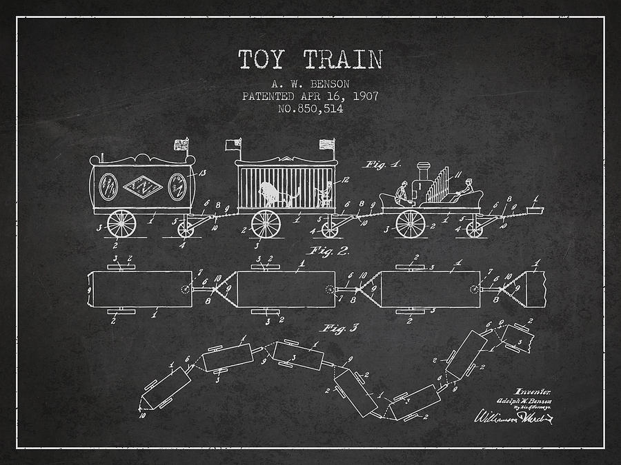 Train Digital Art - 1907 Toy Train Patent - Charcoal by Aged Pixel
