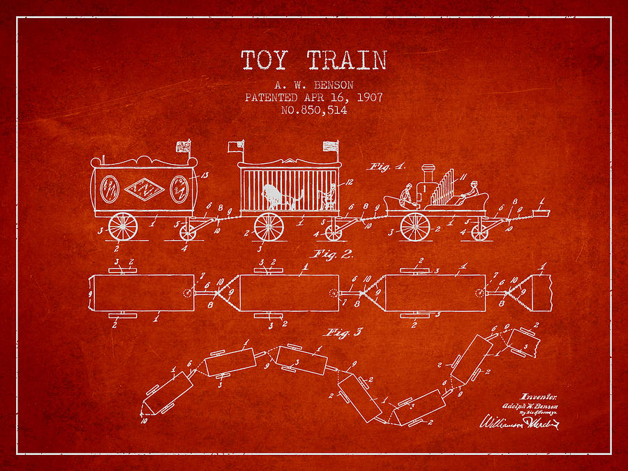 1907 Toy Train Patent - Red Digital Art