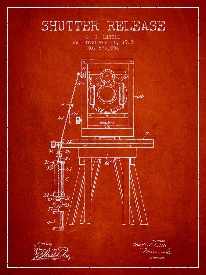 Vintage Digital Art - 1908 Shutter Release Patent - Red by Aged Pixel