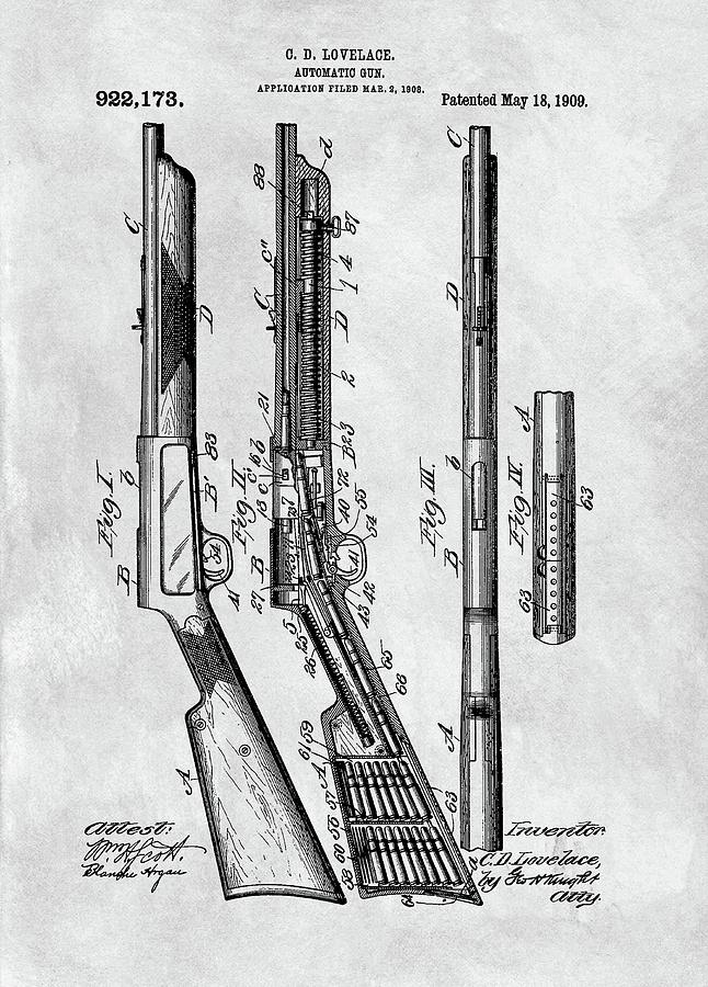 1909 Automatic Rifle Patent Drawing By Dan Sproul