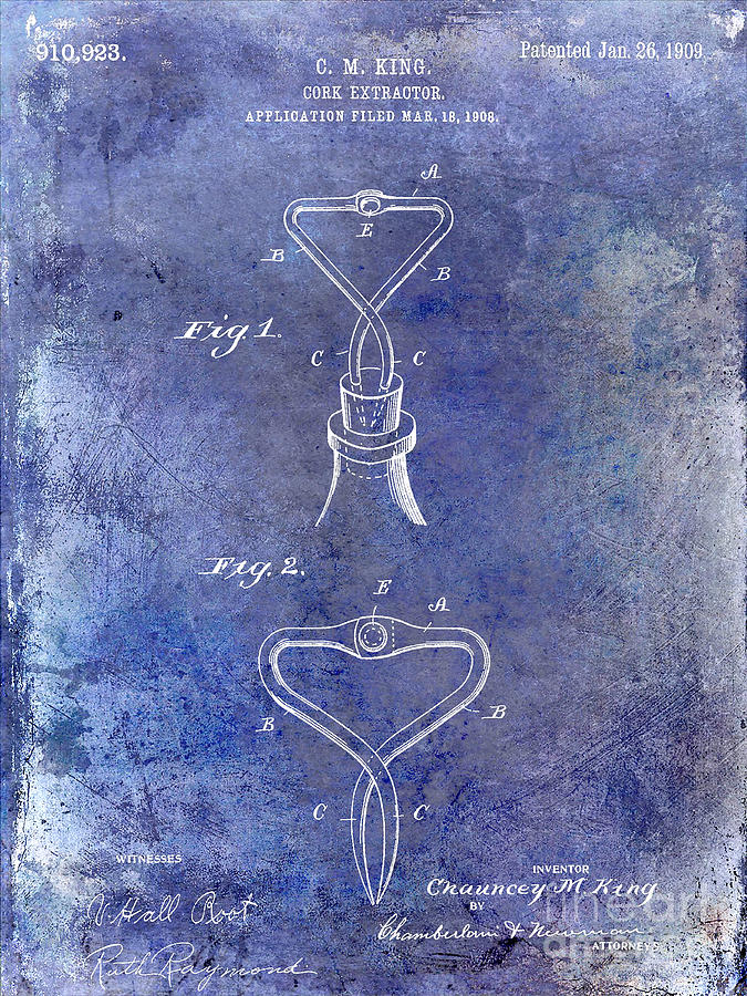 1909 Cork Extractor Patent Blue Photograph by Jon Neidert