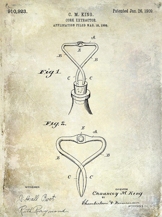 1909 Cork Extractor Patent Photograph by Jon Neidert