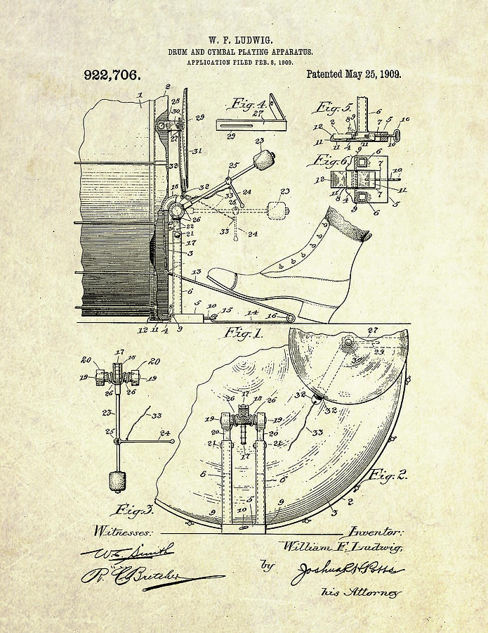 1909 Ludwig Drum And Cymbal Patent Digital Art by Gary Bodnar