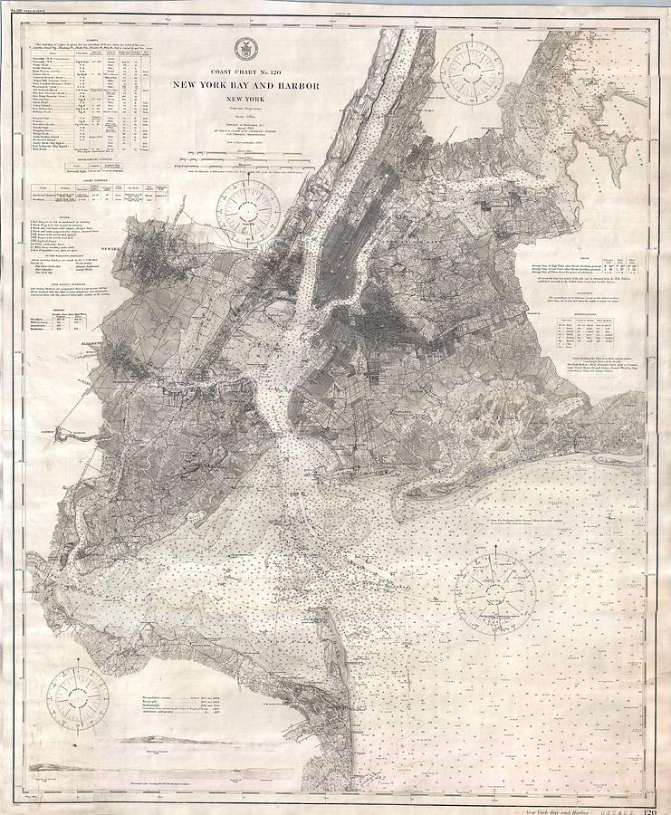 1910 US Coast Survey Nautical Chart or Map of New York City and Harbor  Photograph by Paul Fearn