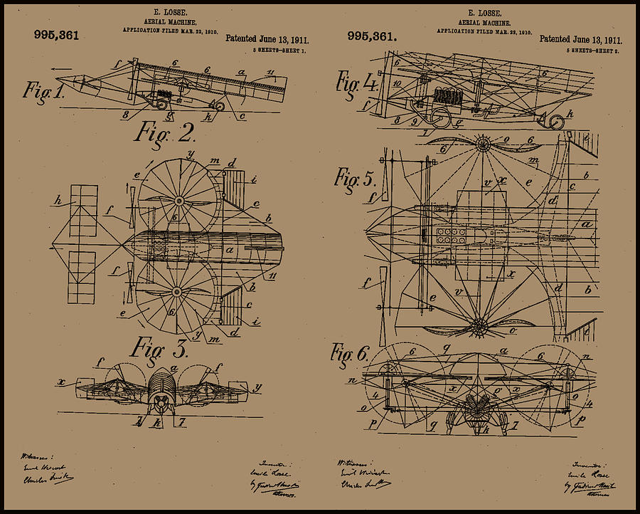 1911 Aerial Machine Patent Drawing Painting by Emile Losse