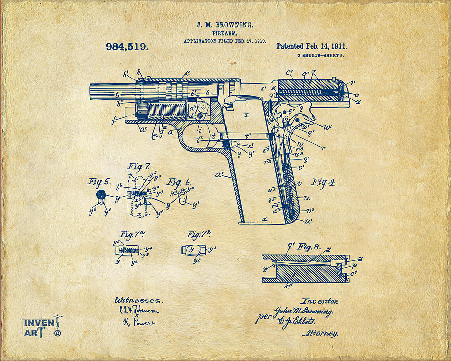 Vintage Digital Art - 1911 Colt 45 Browning Firearm Patent 2 Artwork Vintage by Nikki Marie Smith