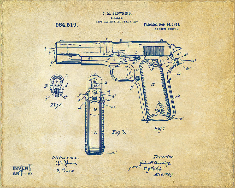 Vintage Digital Art - 1911 Colt 45 Browning Firearm Patent Artwork Vintage by Nikki Marie Smith