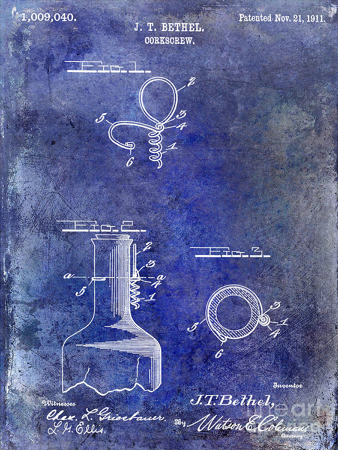 1911 Corkscrew Patent Blue Photograph by Jon Neidert