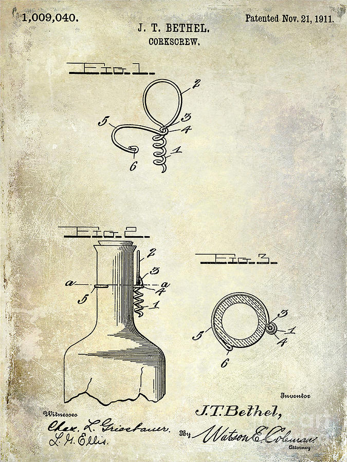 1911 Corkscrew Patent  Photograph by Jon Neidert