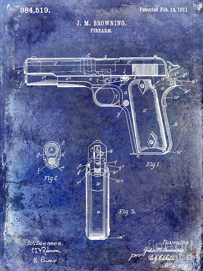 Pistol Photograph - 1911 Firearm Patent Blue by Jon Neidert