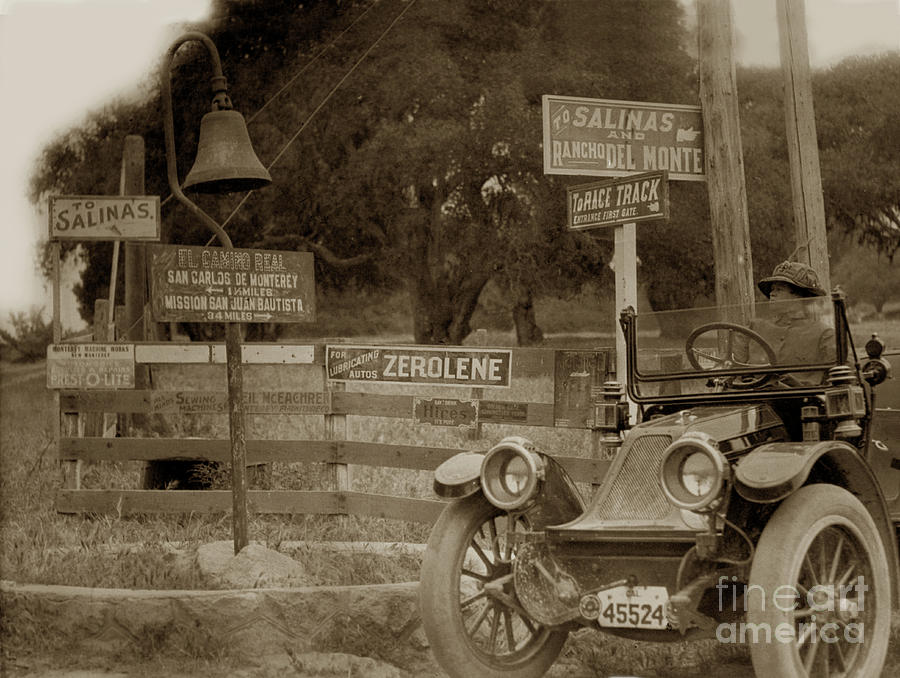 Car Photograph - 1911 Franklin Model G auto El Camino Real  Mission Bell near the Hotel Del Monte by Monterey County Historical Society