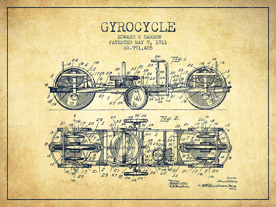 Vintage Digital Art - 1911 Gyrocycle Patent - Vintage by Aged Pixel