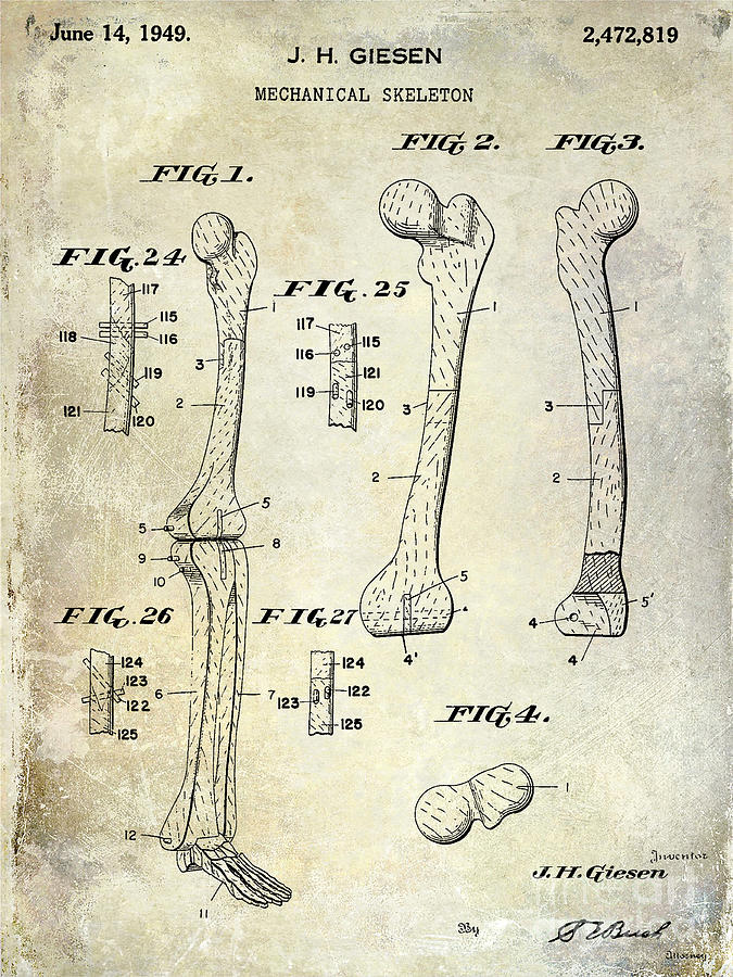 Skeleton Photograph - 1911 Mechanical Skeleton Patent Blue #2 by Jon Neidert