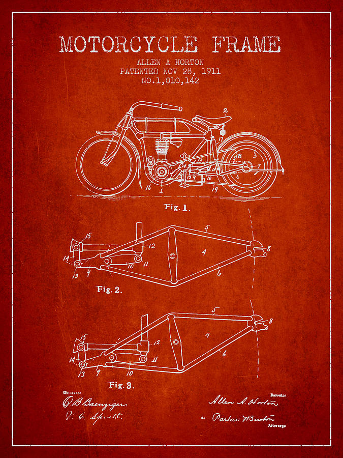Vintage Digital Art - 1911 Motorcycle Frame Patent - red by Aged Pixel