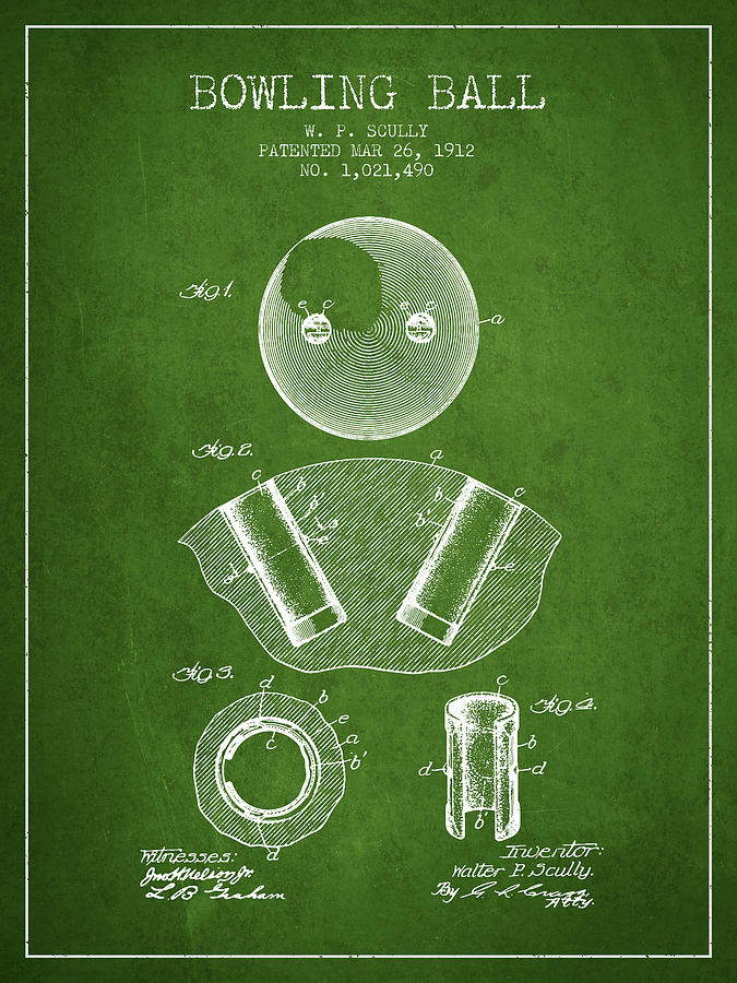 Bowl Digital Art - 1912 Bowling Ball Patent - Green by Aged Pixel