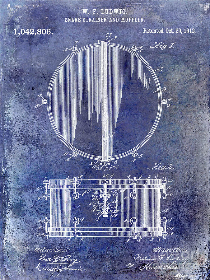 Drum Photograph - 1912 Ludwig Drum Patent  Blue by Jon Neidert