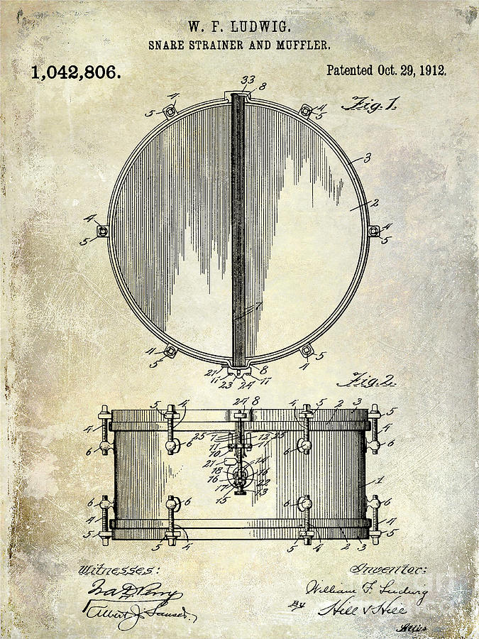 Drum Photograph - 1912 Ludwig Drum Patent  by Jon Neidert