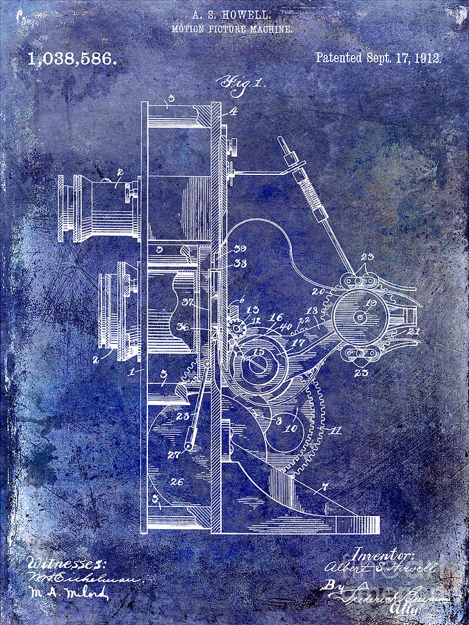 1912 Motion Picture Machine Patent Blue Photograph by Jon Neidert