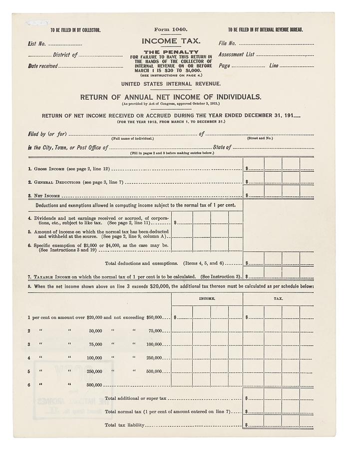 1913 Federal Income Tax 1040 Form. The Photograph by Everett