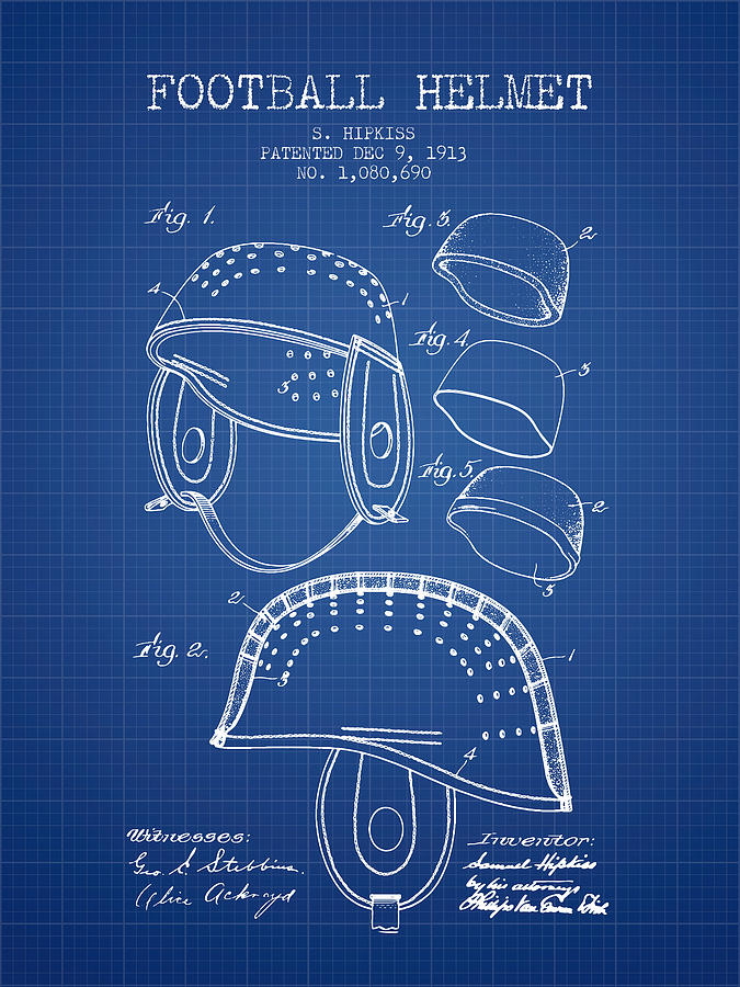 Football Digital Art - 1913 Football Helmet Patent - Blueprint by Aged Pixel