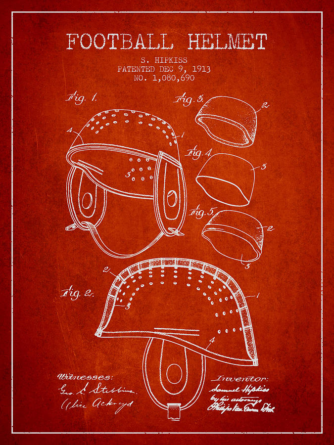 1913 Football Helmet Patent - Red Digital Art