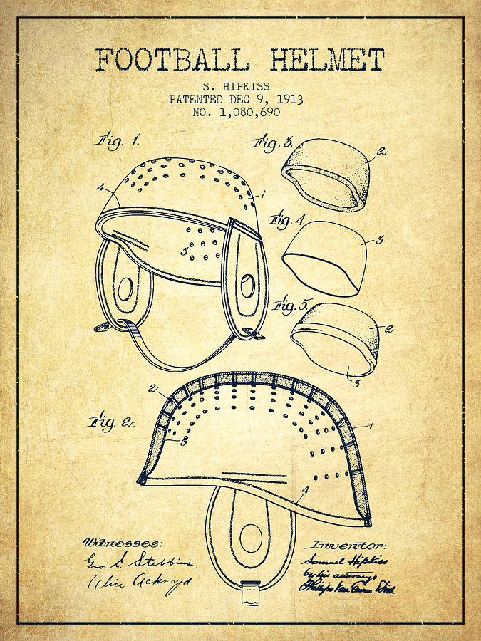 1913 Football Helmet Patent - Vintage Digital Art