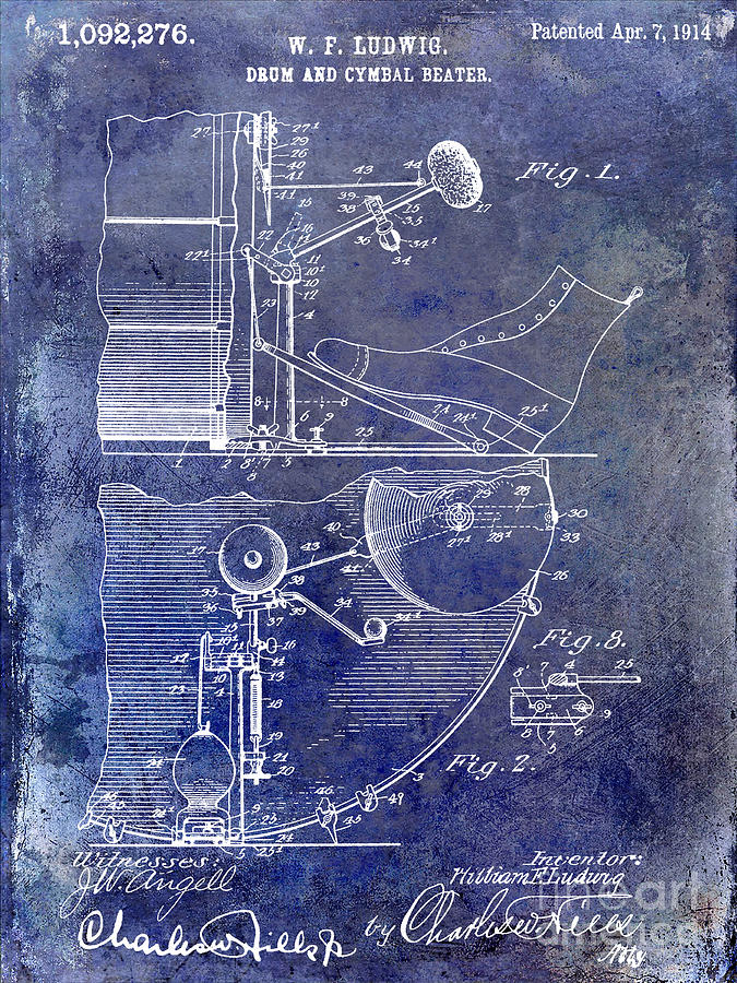 1914 Drum and Cymbal Patent Blue Photograph by Jon Neidert