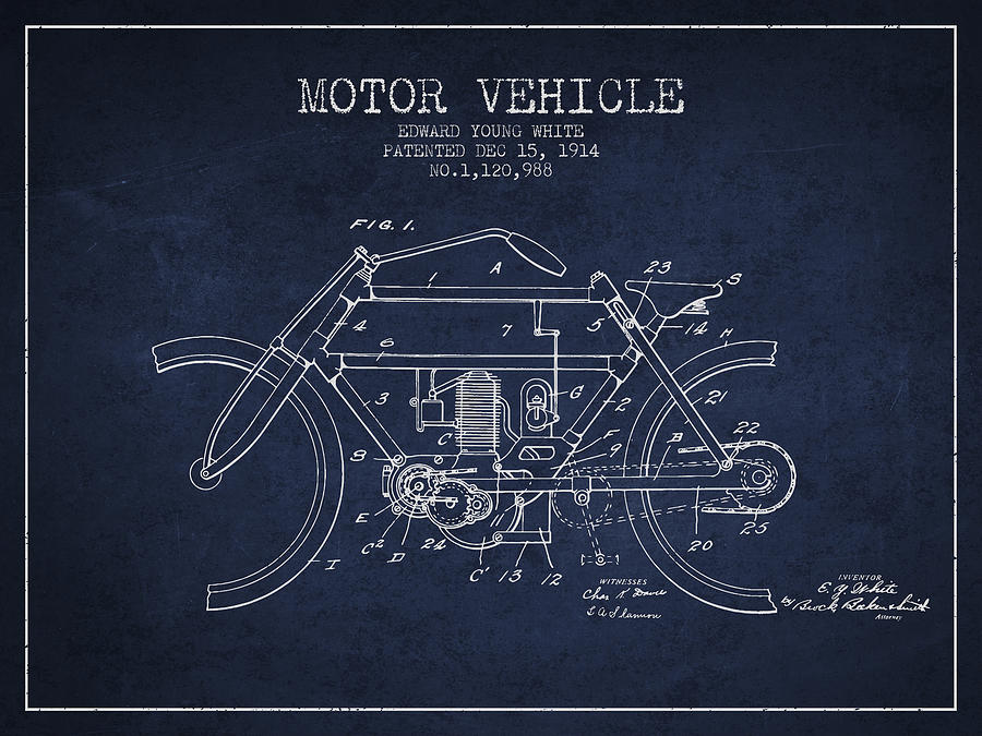 1914 Motor Vehicle Patent - Navy Blue Digital Art