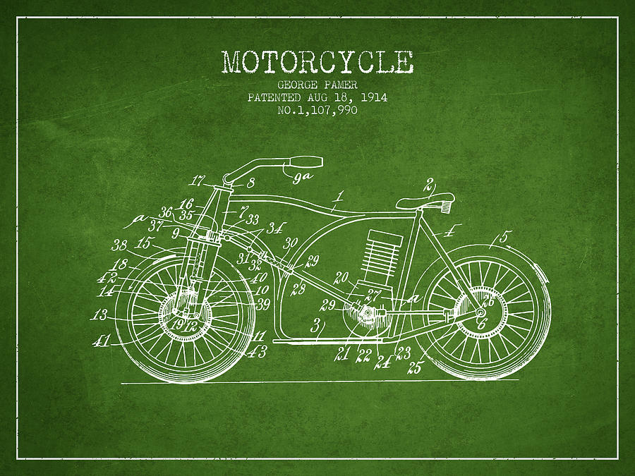 1914 Motorcycle Patent - Green Digital Art