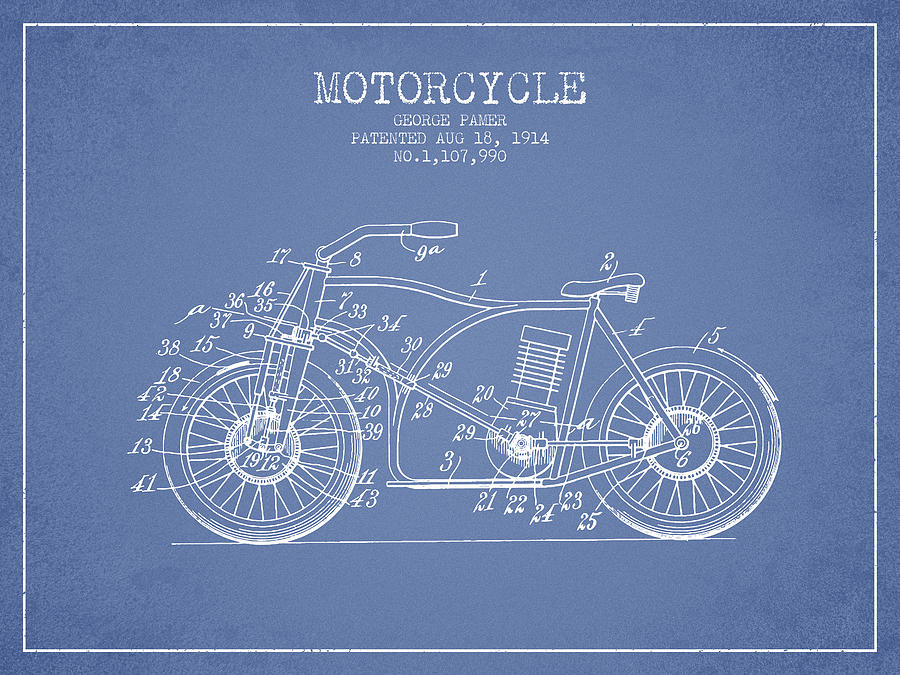 1914 Motorcycle Patent - Light Blue Digital Art