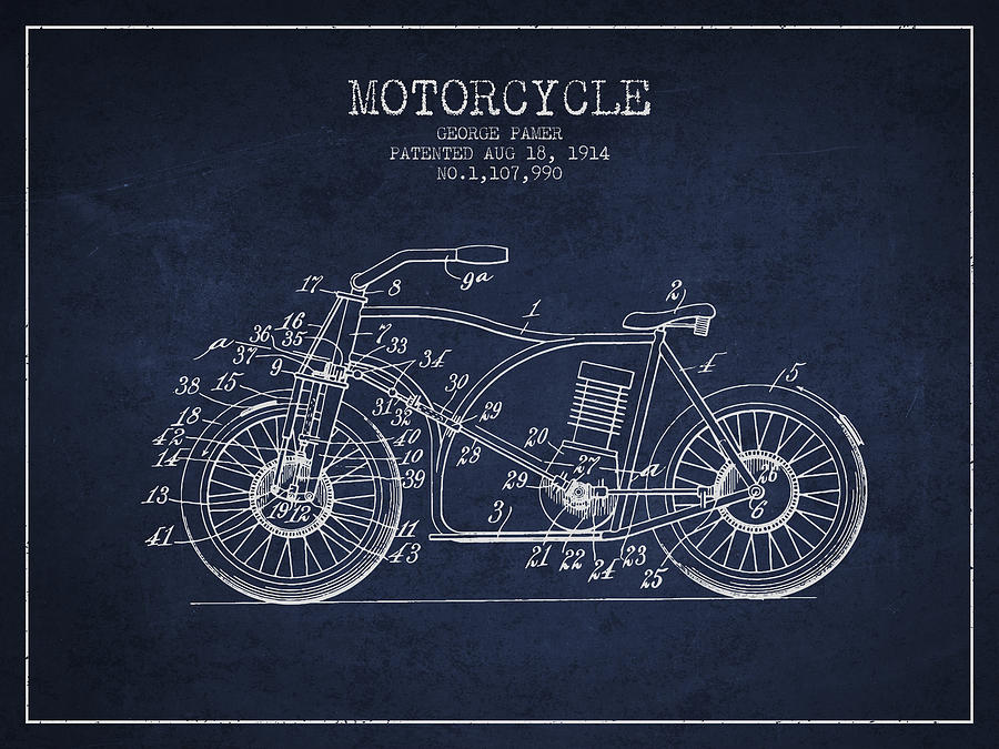 1914 Motorcycle Patent - Navy Blue Digital Art
