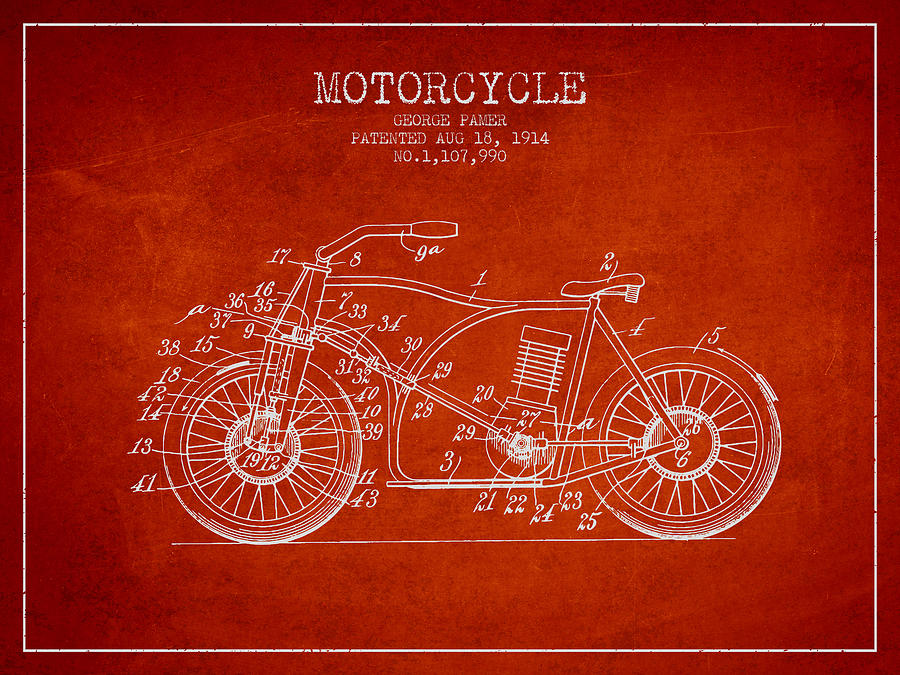 1914 Motorcycle Patent - Red Digital Art