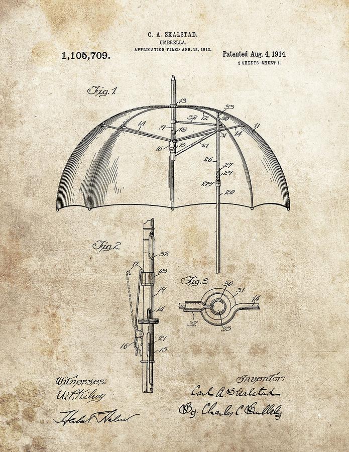 1914 Umbrella Patent Drawing by Dan Sproul