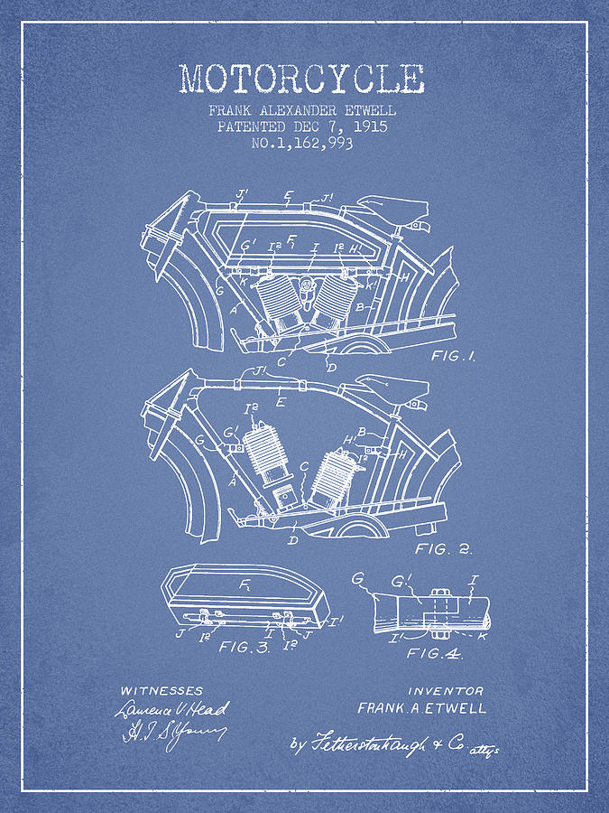 1915 Motorcycle Patent 02 -  Light Blue Digital Art