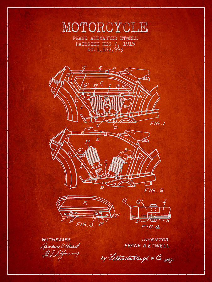1915 Motorcycle Patent 02 -  Red Digital Art