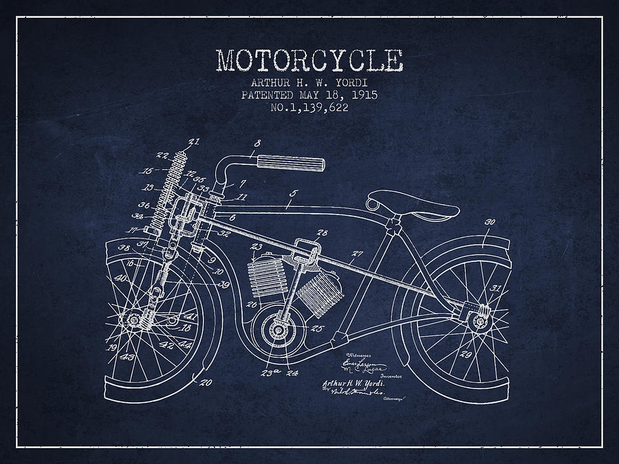 1915 Motorcycle Patent - Navy Blue Digital Art
