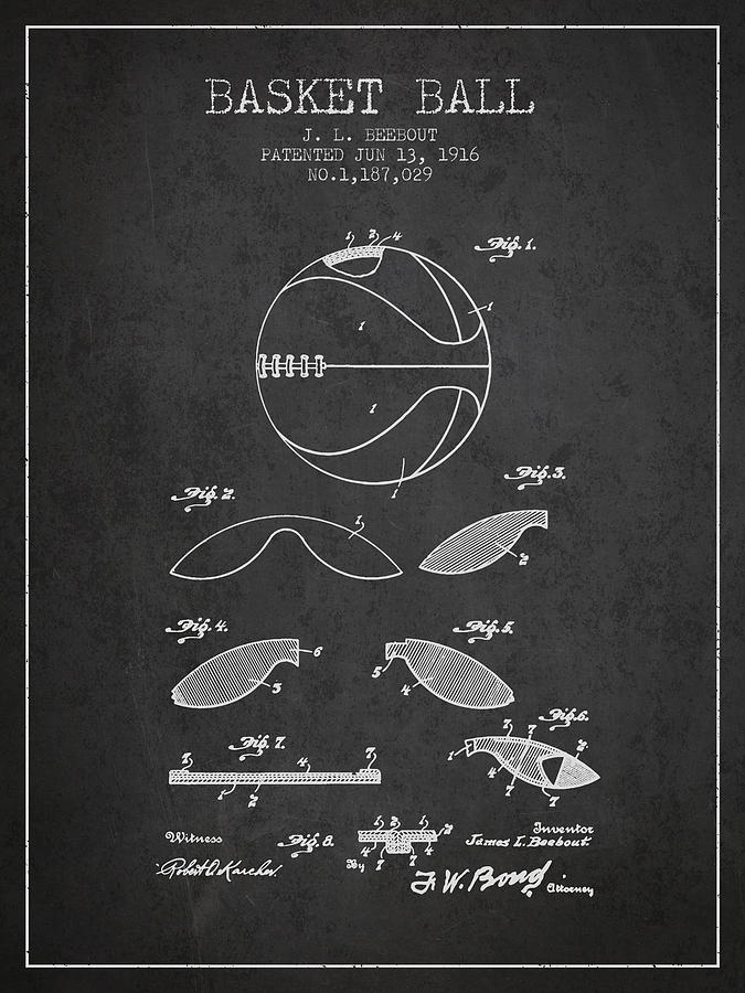Basketball Digital Art - 1916 Basket ball Patent - charcoal by Aged Pixel