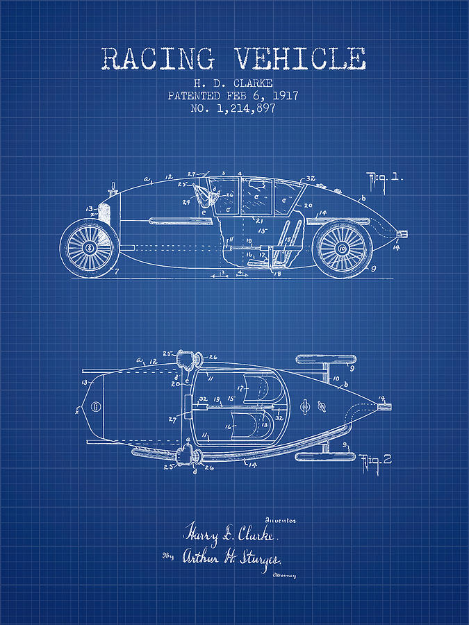 Vintage Digital Art - 1917 Racing Vehicle Patent - Blueprint by Aged Pixel