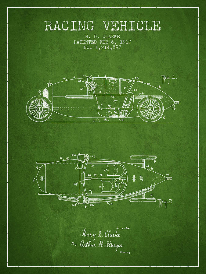 Vintage Digital Art - 1917 Racing Vehicle Patent - Green by Aged Pixel