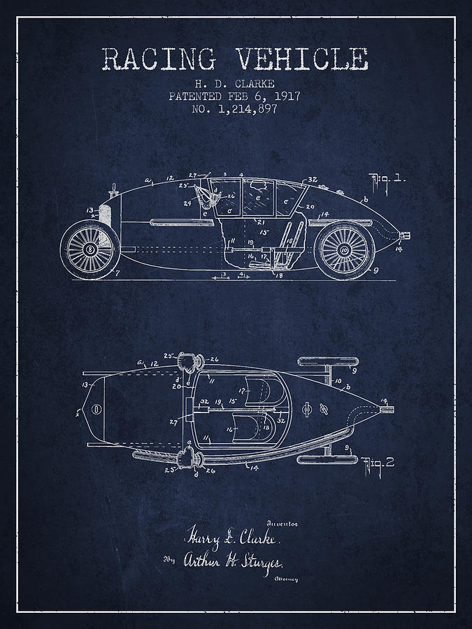 Vintage Digital Art - 1917 Racing Vehicle Patent - Navy Blue by Aged Pixel