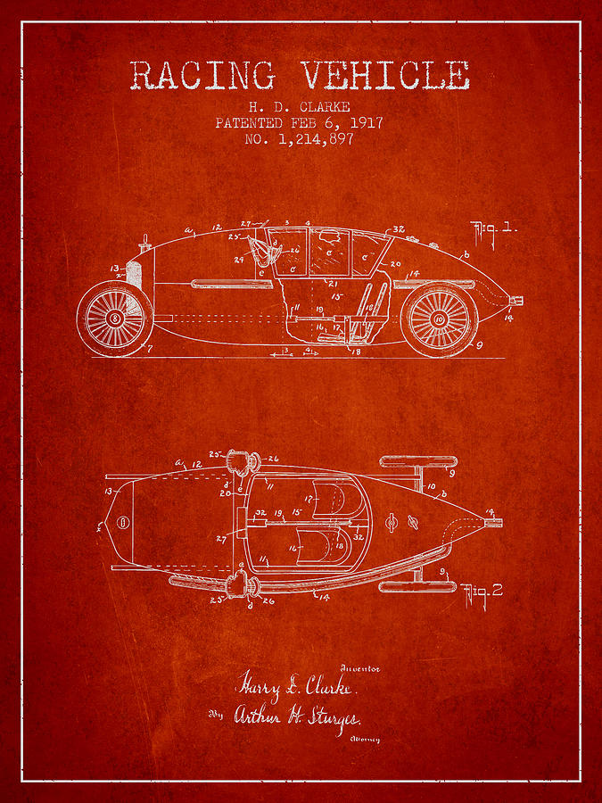 Vintage Digital Art - 1917 Racing Vehicle Patent - Red by Aged Pixel