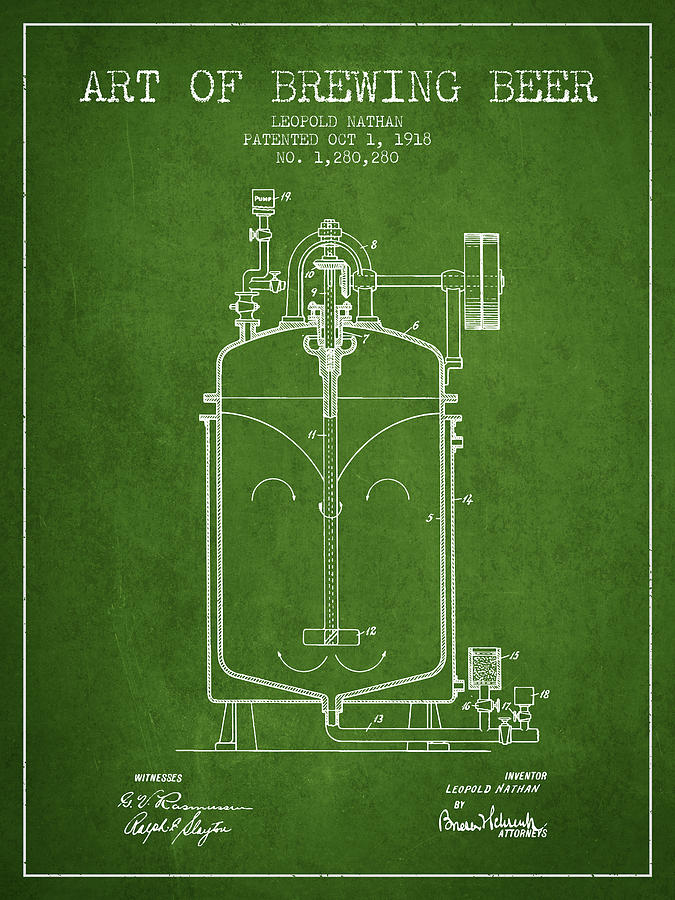 1918 Art Of Brewing Beer Patent - Green Digital Art