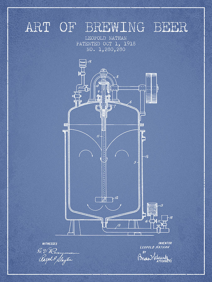 1918 Art Of Brewing Beer Patent - Light Blue Digital Art