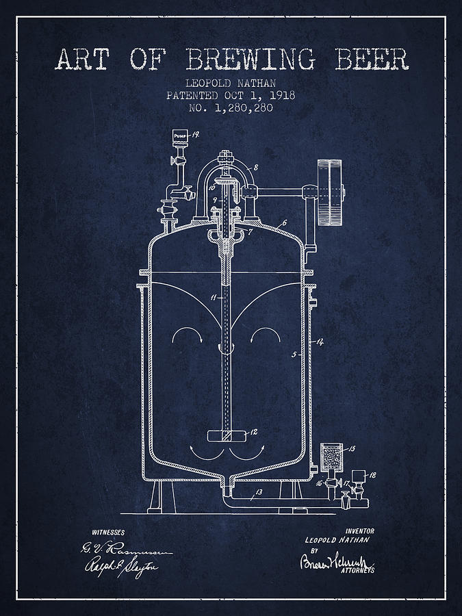 1918 Art Of Brewing Beer Patent - Navy Blue Digital Art