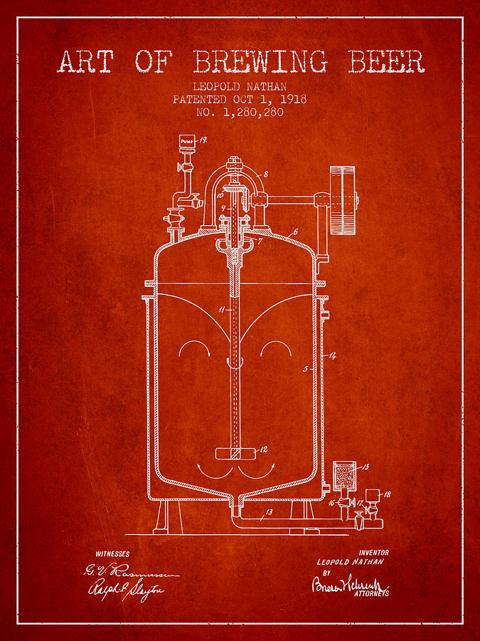 1918 Art Of Brewing Beer Patent - Red Digital Art