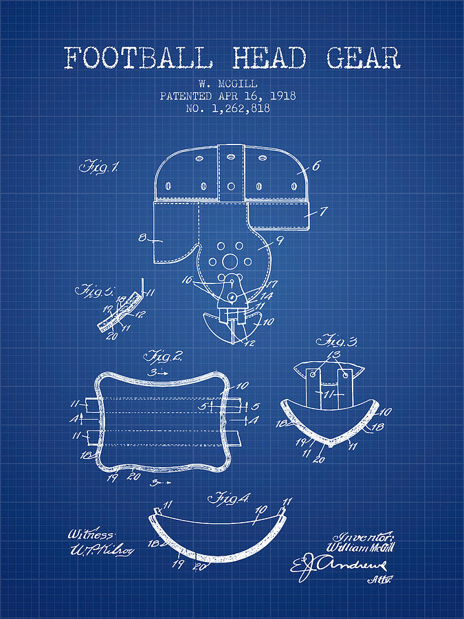 1918 Football Head Gear Patent - Blueprint Digital Art